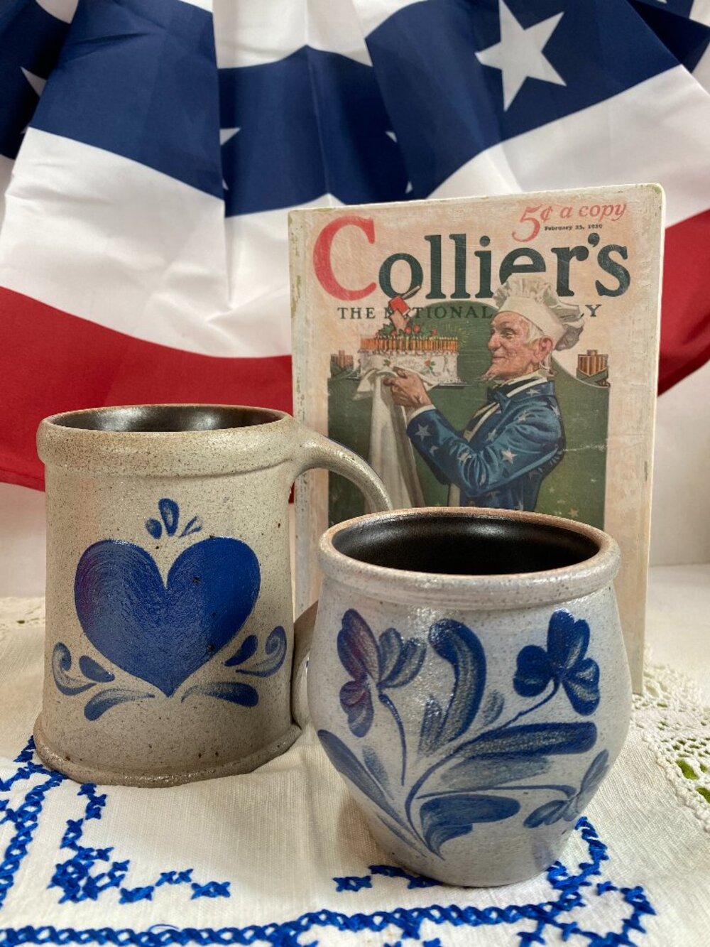 1993 Rockdale Union Stoneware Handmade Salt Glaze Blue Mug & 1/2 Pint Ovoid